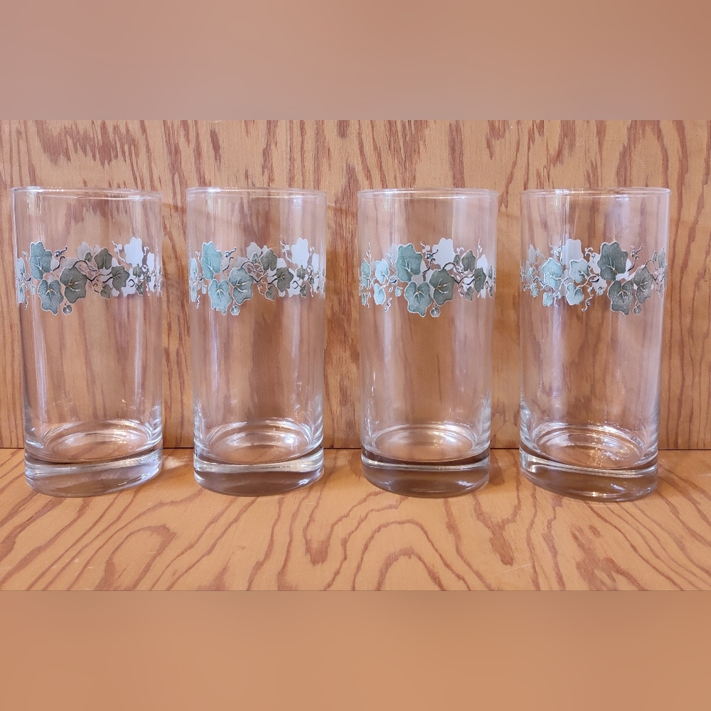 Set of 4 Vtg CORELLE Callaway 16 oz Drinking Glasses Tumblers Green Ivy